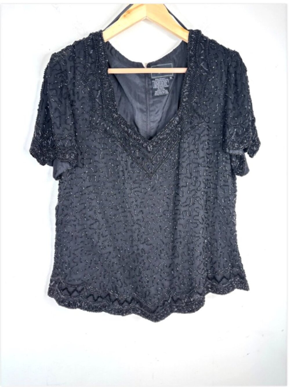 VTG Cote d Azur Evening Black 100% Silk Beaded Top XL Short Sleeve Goth Witchy